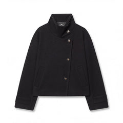Elegant Wool Jacket for Women with Stand Collar Long Sleeve Asymmetric Button Cropped Casual Style