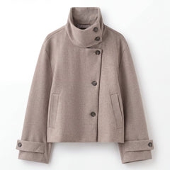 Elegant Wool Jacket for Women with Stand Collar Long Sleeve Asymmetric Button Cropped Casual Style