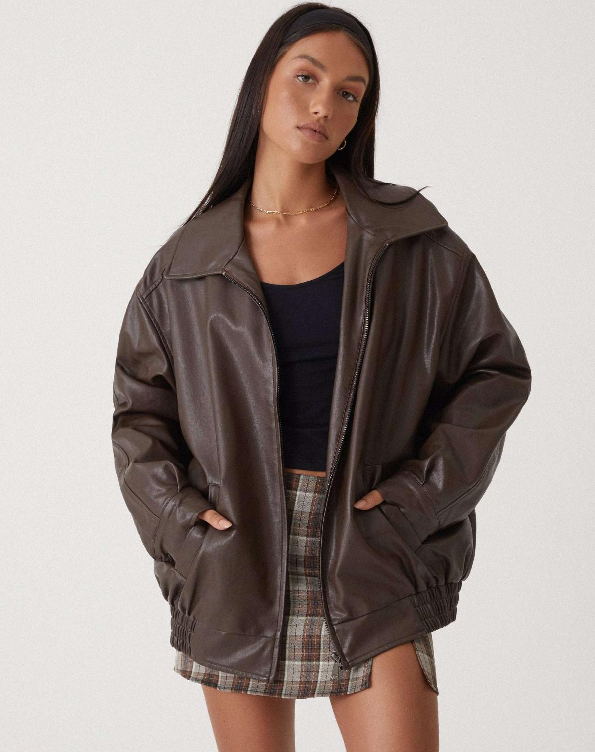 Effortless Brown Oversized Faux Leather Jacket for Women with Spread Collar Zip Front Relaxed Casual Style
