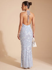 Elegant Blue Sequin Wedding Guest Gown for Women with Cowl Neck Halter Floor-Length Formal Style
