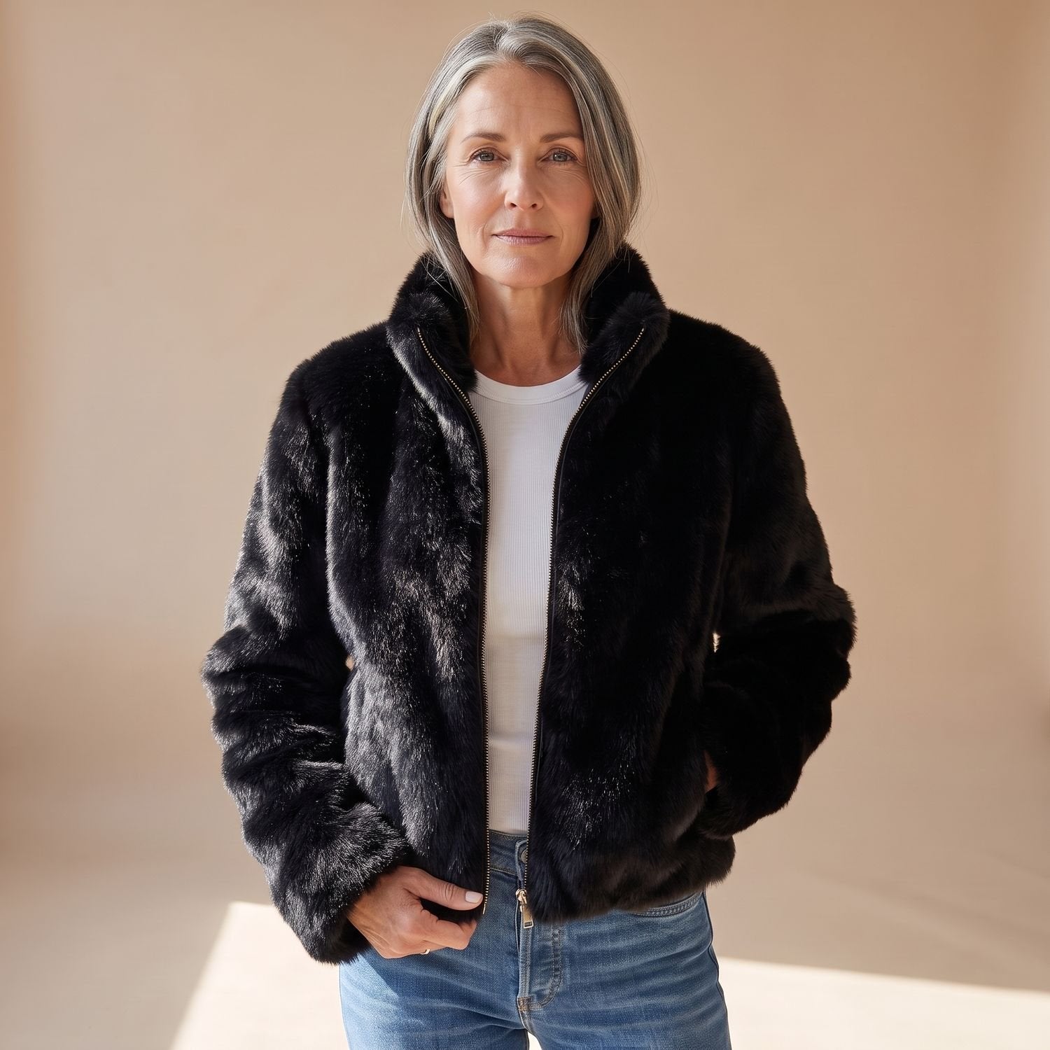 Chic Black Faux Fur Jacket for Women with Zip Up Long Sleeve Cropped Fluffy Winter Style