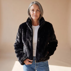 Chic Black Faux Fur Jacket for Women with Zip Up Long Sleeve Cropped Fluffy Winter Style