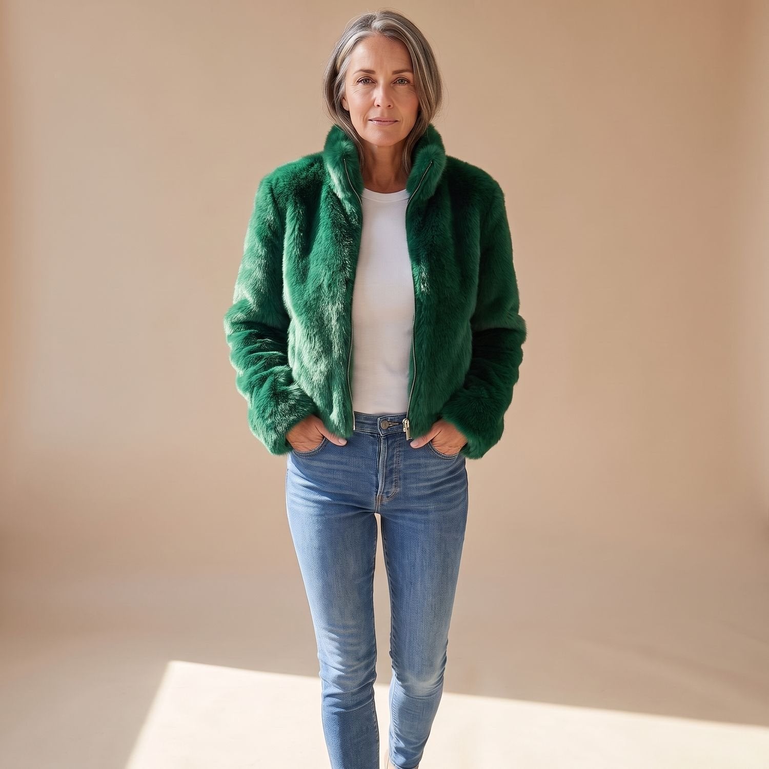 Chic Black Faux Fur Jacket for Women with Zip Up Long Sleeve Cropped Fluffy Winter Style