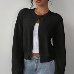 Cozy Cropped Cardigan for Women with Round Neck Long Sleeve Ribbed Trim Button Front Style