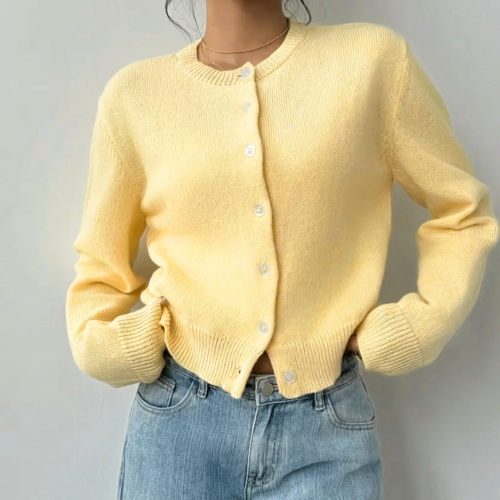 Cozy Cropped Cardigan for Women with Round Neck Long Sleeve Ribbed Trim Button Front Style