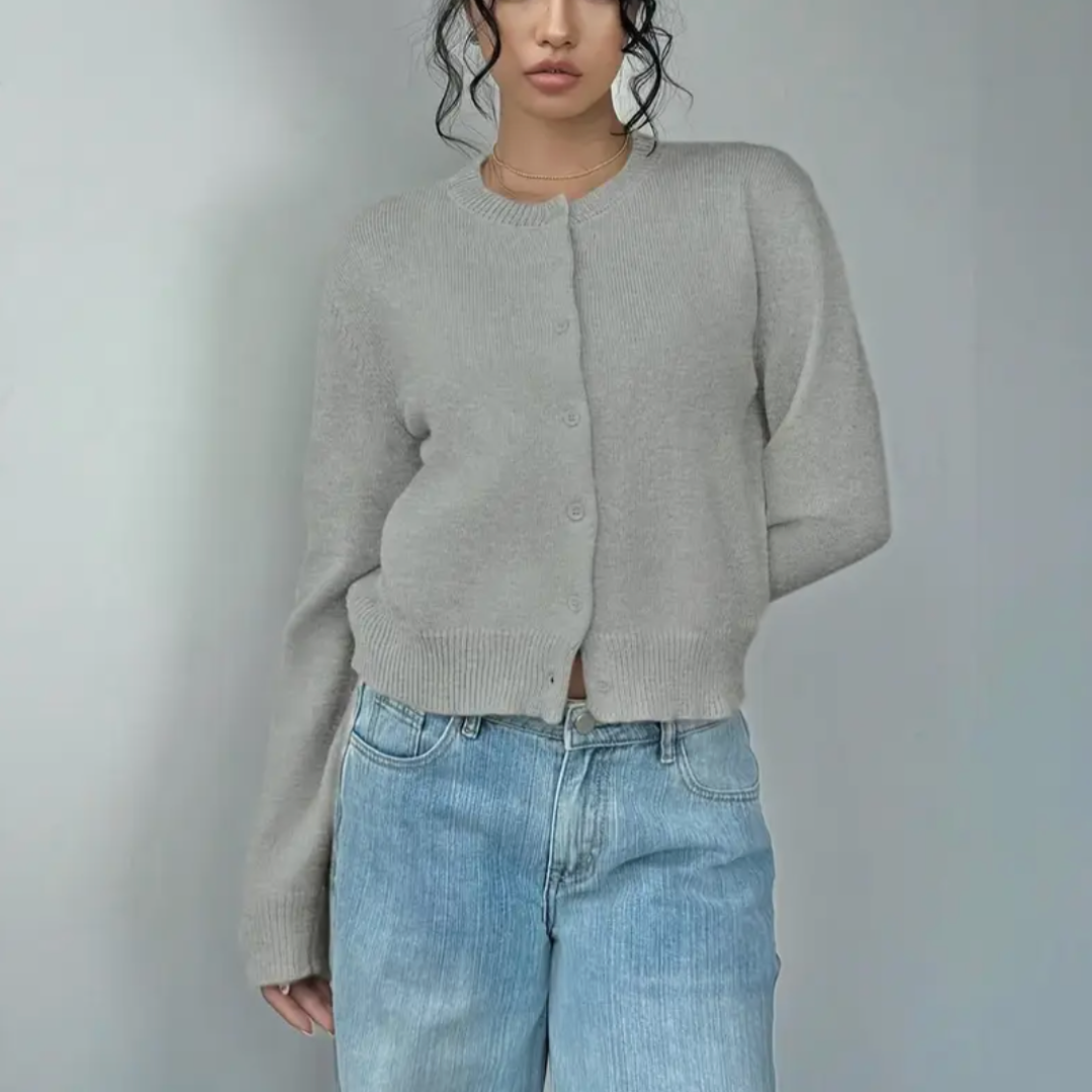 Cozy Cropped Cardigan for Women with Round Neck Long Sleeve Ribbed Trim Button Front Style