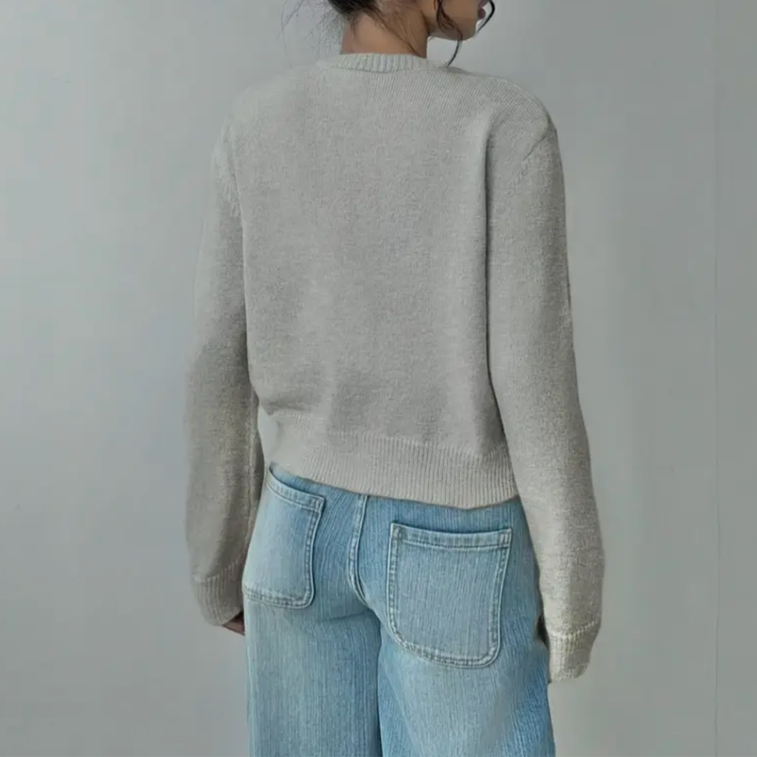 Cozy Cropped Cardigan for Women with Round Neck Long Sleeve Ribbed Trim Button Front Style