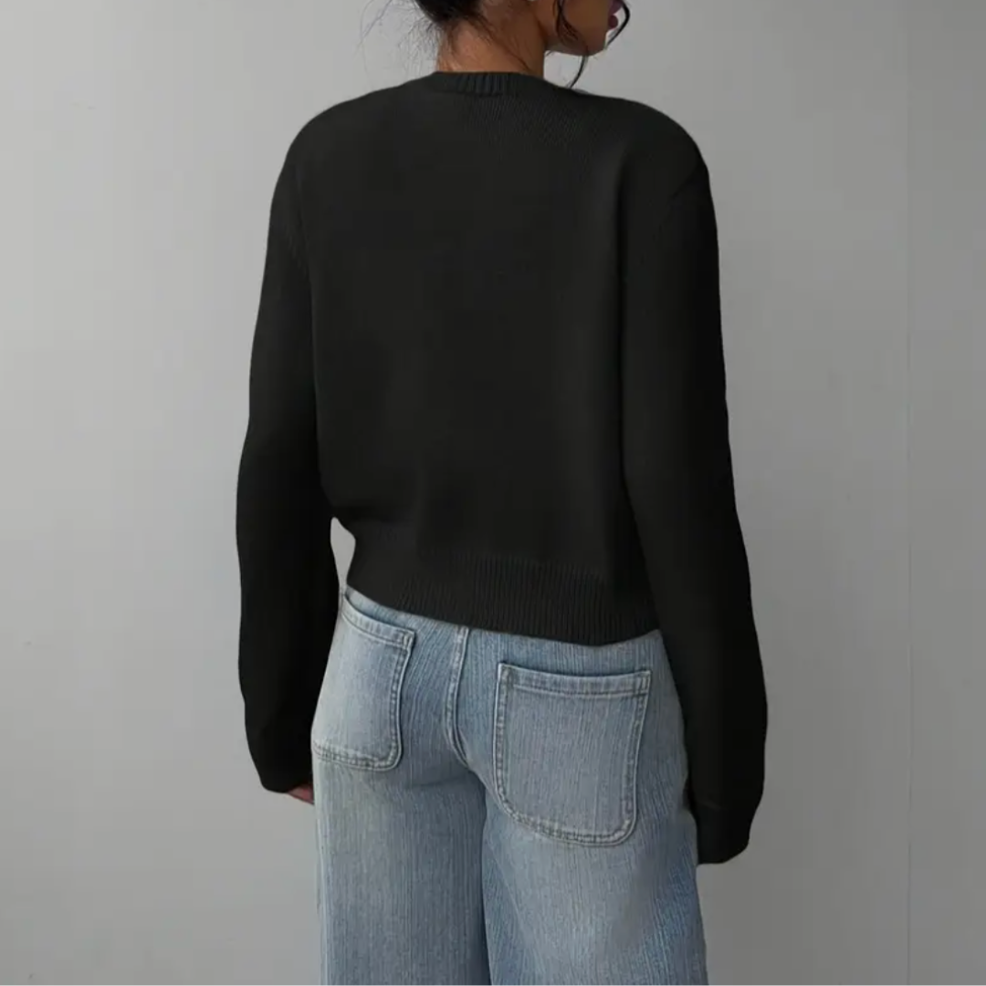 Cozy Cropped Cardigan for Women with Round Neck Long Sleeve Ribbed Trim Button Front Style