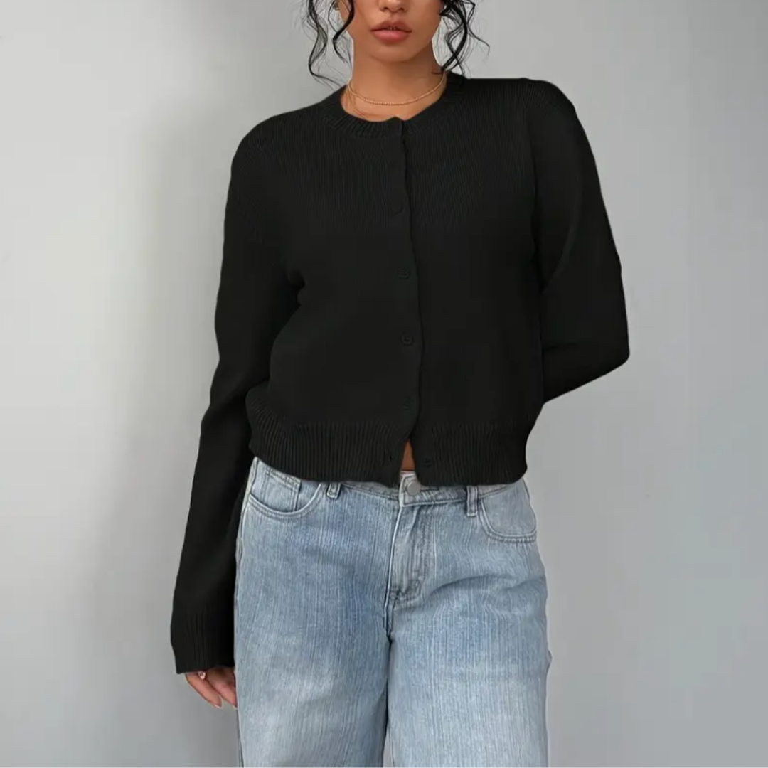 Cozy Cropped Cardigan for Women with Round Neck Long Sleeve Ribbed Trim Button Front Style