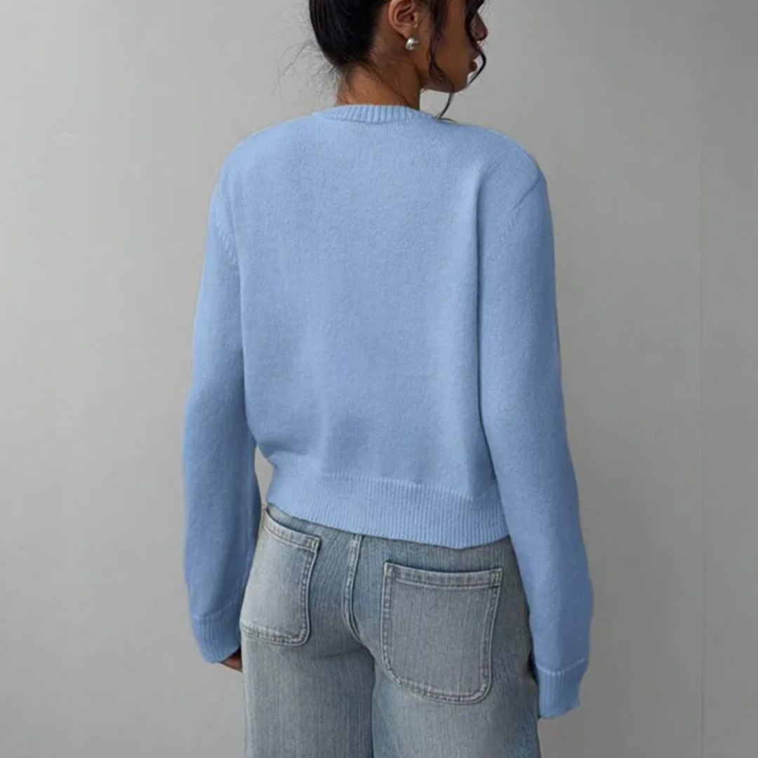 Cozy Cropped Cardigan for Women with Round Neck Long Sleeve Ribbed Trim Button Front Style