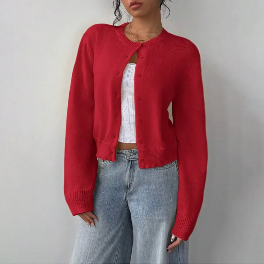 Cozy Cropped Cardigan for Women with Round Neck Long Sleeve Ribbed Trim Button Front Style