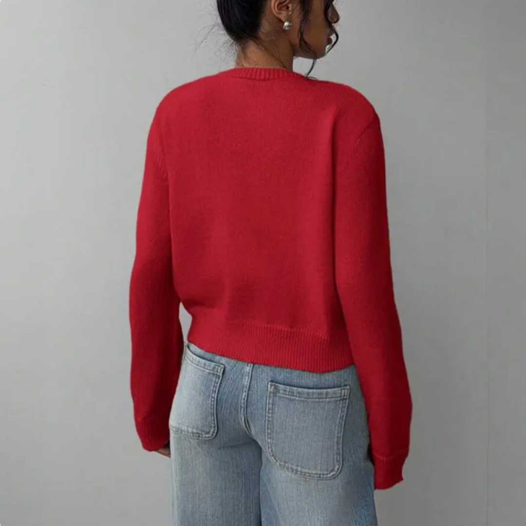 Cozy Cropped Cardigan for Women with Round Neck Long Sleeve Ribbed Trim Button Front Style