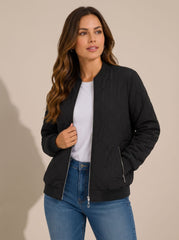 Cozy Diamond Quilted Bomber Jacket for Women with Ribbed Collar Long Sleeve Zip Winter Style