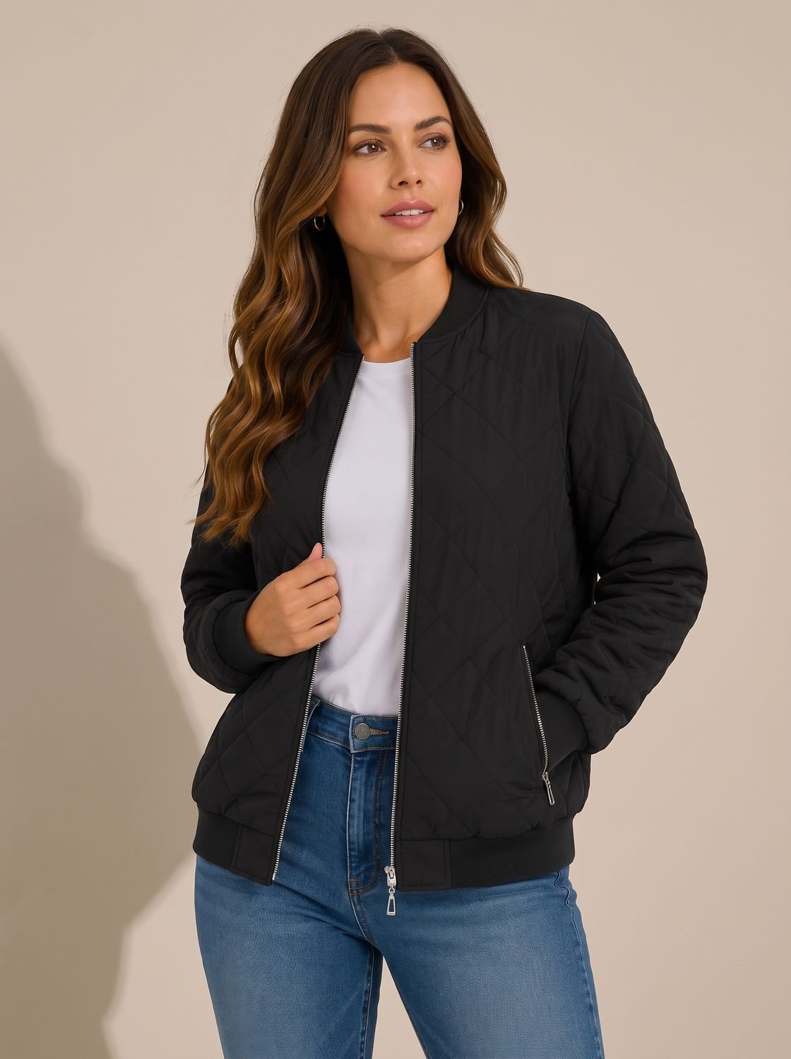 Cozy Diamond Quilted Bomber Jacket for Women with Ribbed Collar Long Sleeve Zip Winter Style