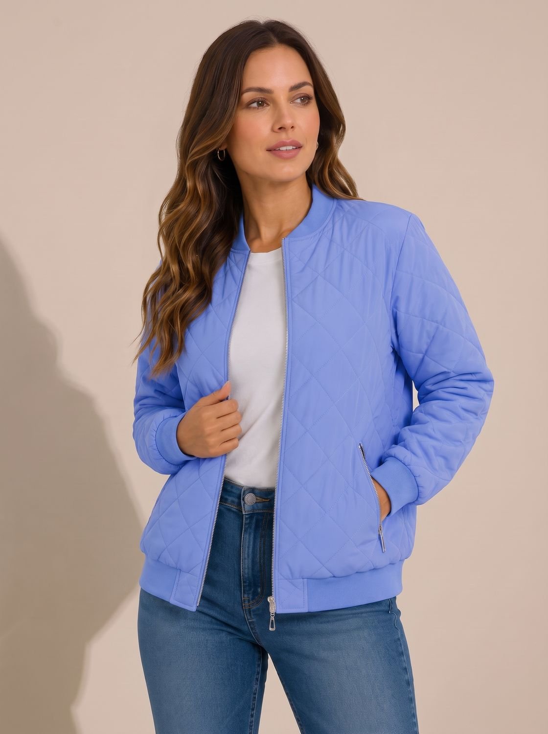Cozy Diamond Quilted Bomber Jacket for Women with Ribbed Collar Long Sleeve Zip Winter Style