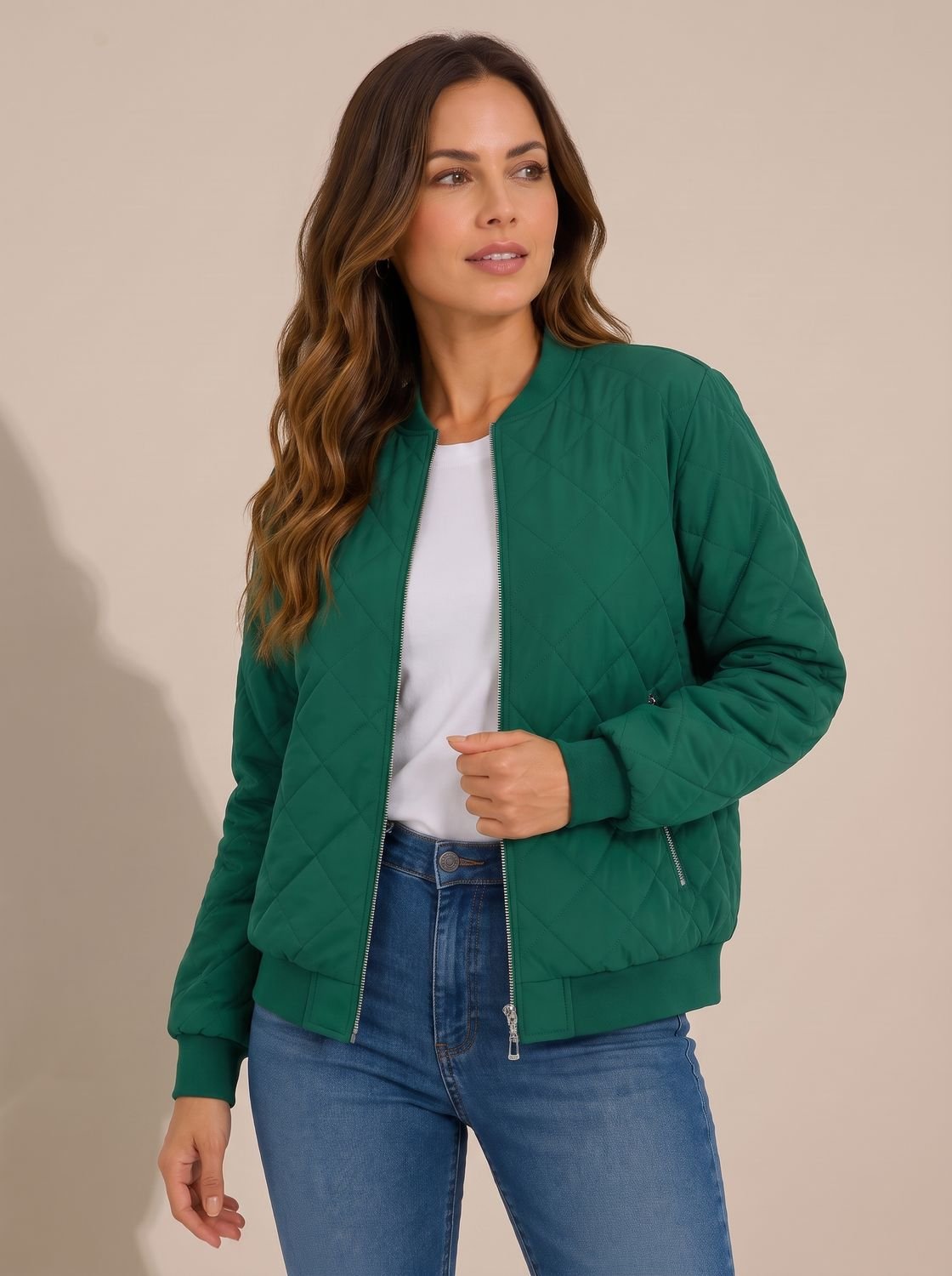 Cozy Diamond Quilted Bomber Jacket for Women with Ribbed Collar Long Sleeve Zip Winter Style