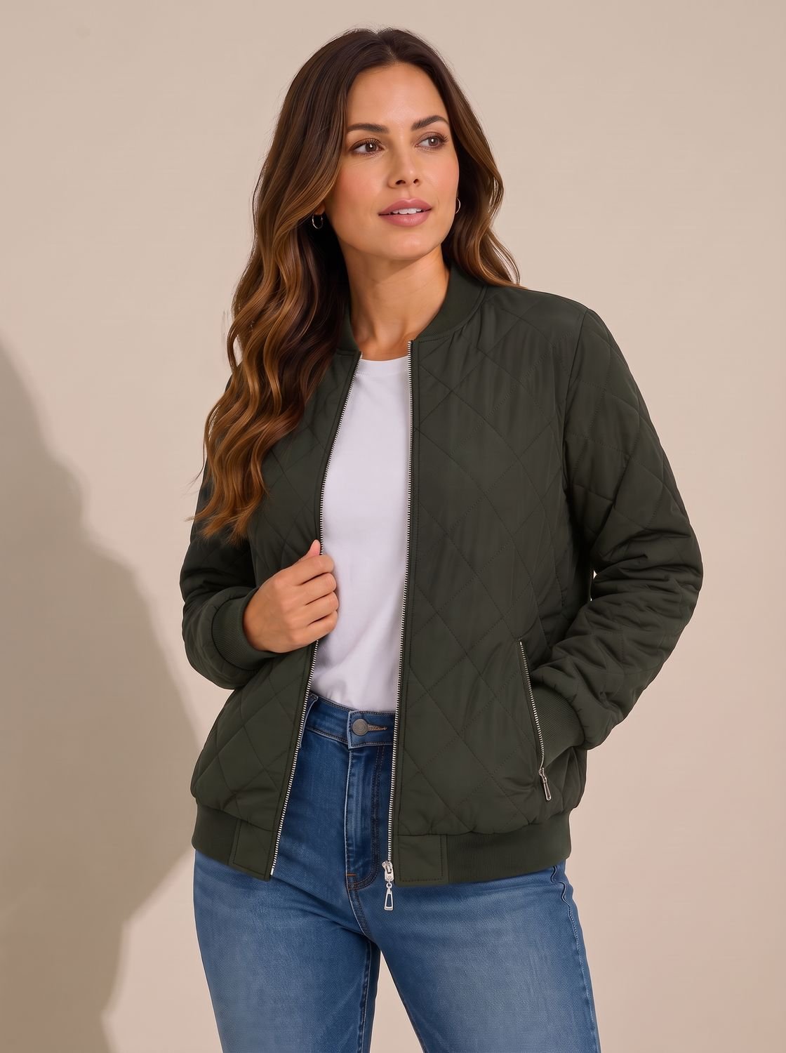 Cozy Diamond Quilted Bomber Jacket for Women with Ribbed Collar Long Sleeve Zip Winter Style