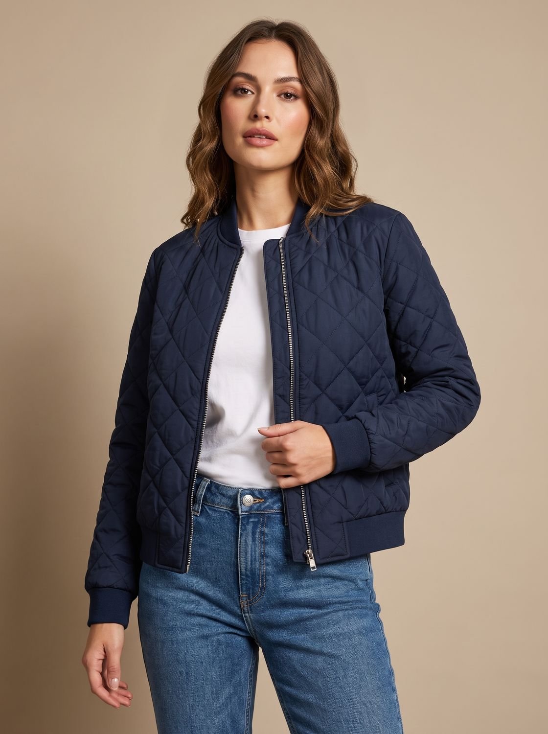 Cozy Diamond Quilted Bomber Jacket for Women with Ribbed Collar Long Sleeve Zip Winter Style