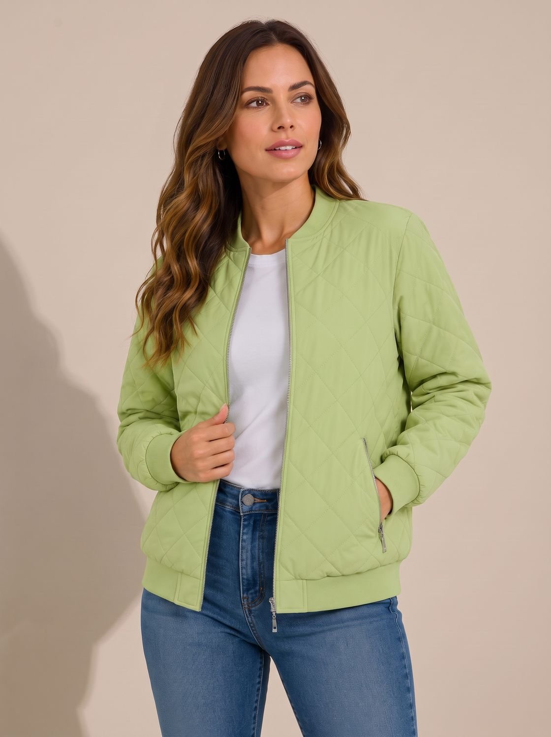 Cozy Diamond Quilted Bomber Jacket for Women with Ribbed Collar Long Sleeve Zip Winter Style