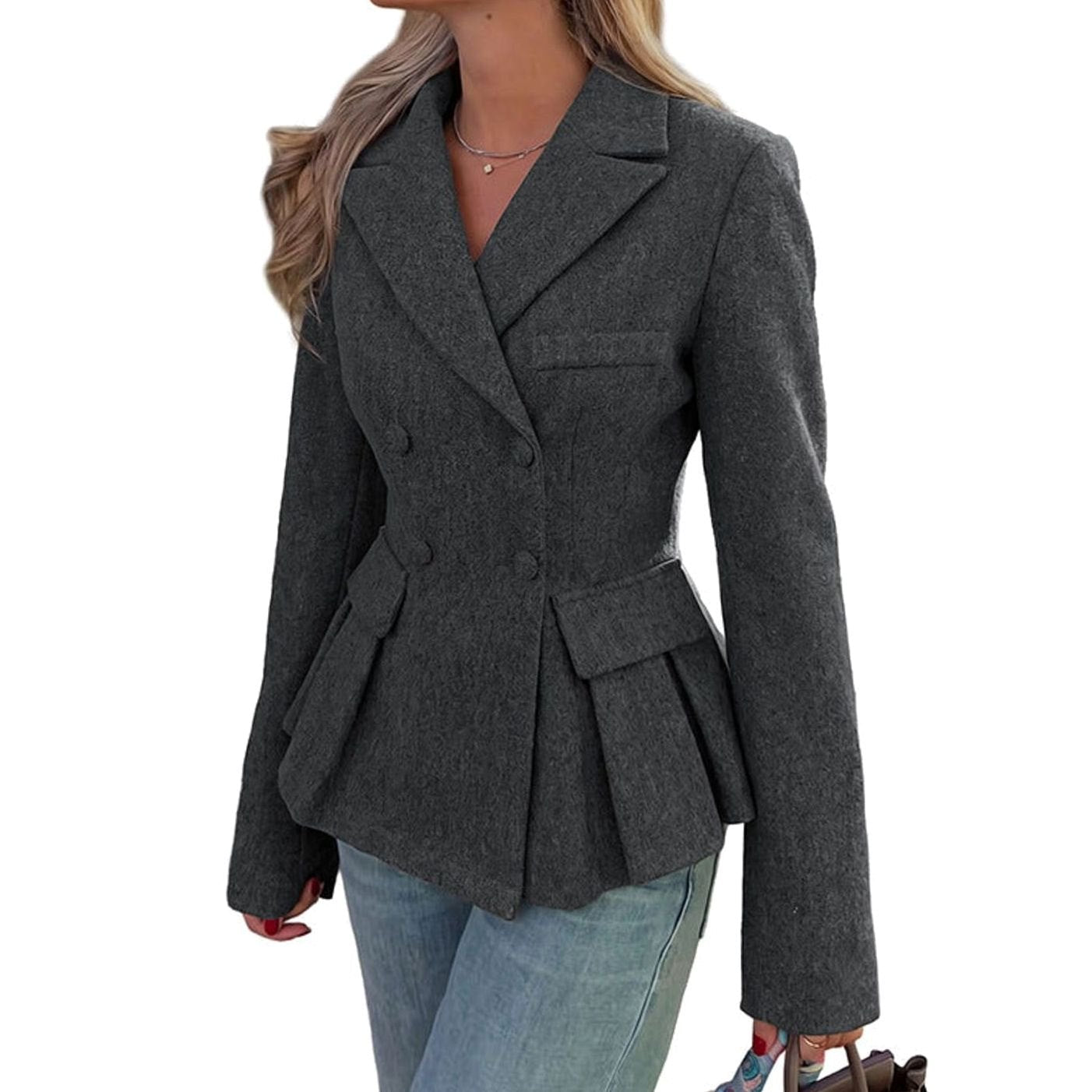 Elegant Gray Peplum Blazer for Women with Notched Lapel Long Sleeve Double Breasted Fitted Style