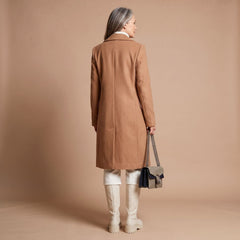 Elegant Camel Wool Coat for Women with Double Breasted Notched Lapel Long Sleeve Midi Pea Coat Style