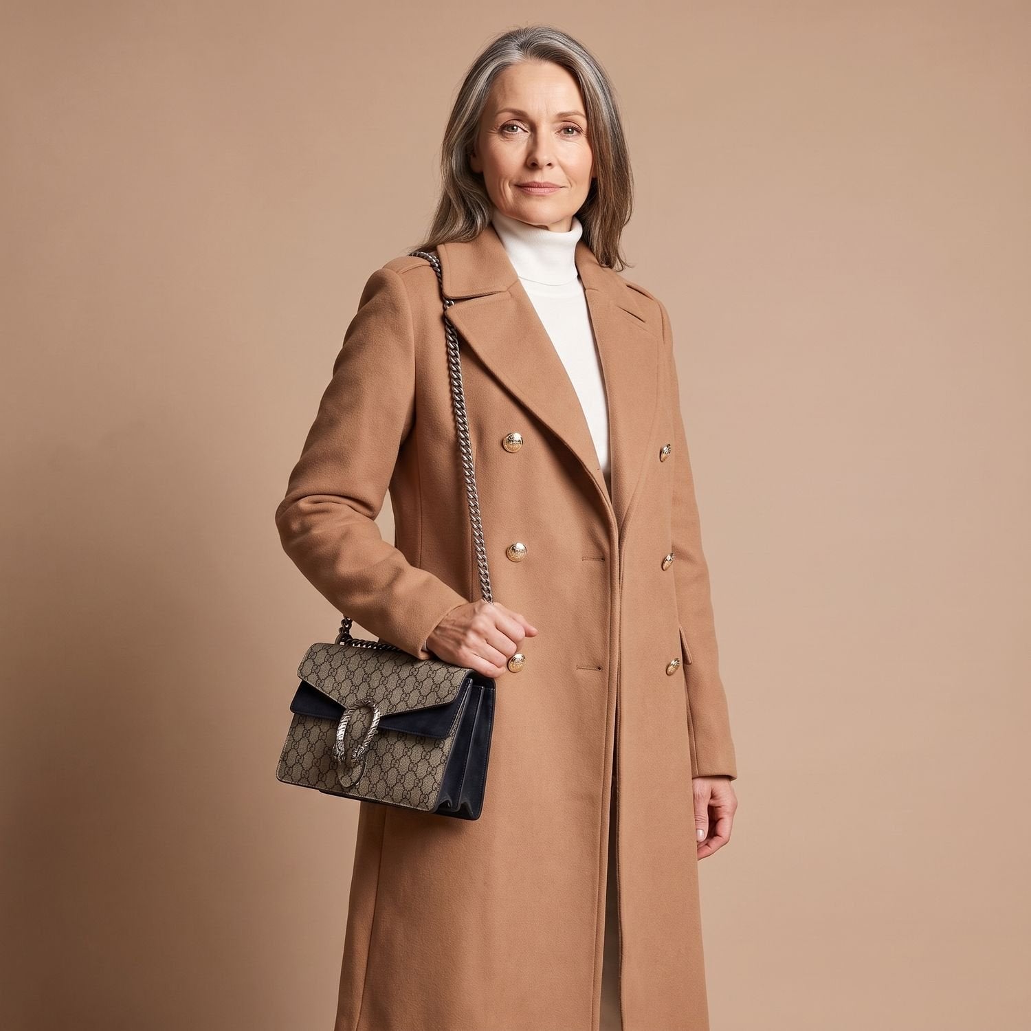 Elegant Camel Wool Coat for Women with Double Breasted Notched Lapel Long Sleeve Midi Pea Coat Style