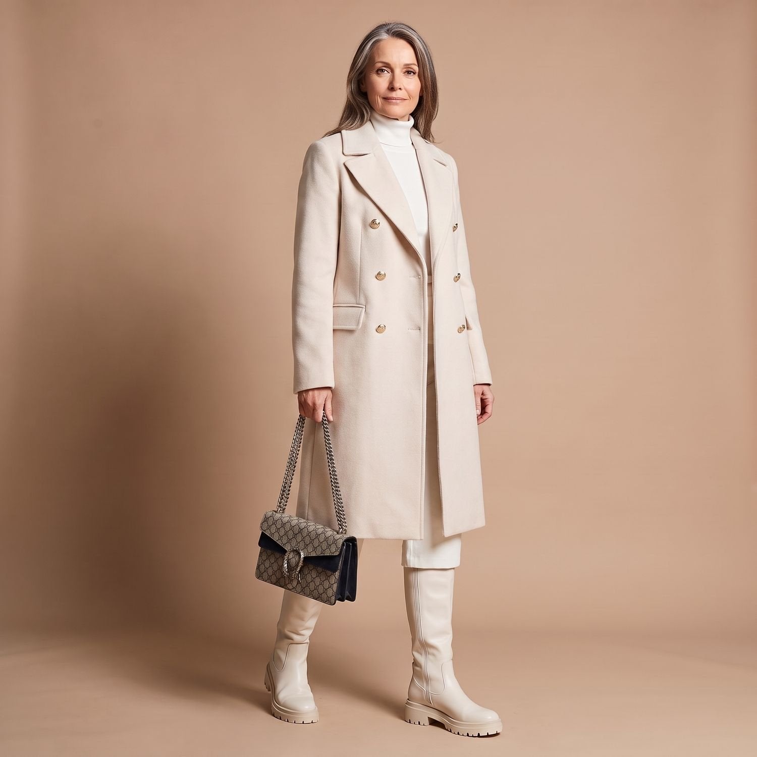 Elegant Camel Wool Coat for Women with Double Breasted Notched Lapel Long Sleeve Midi Pea Coat Style