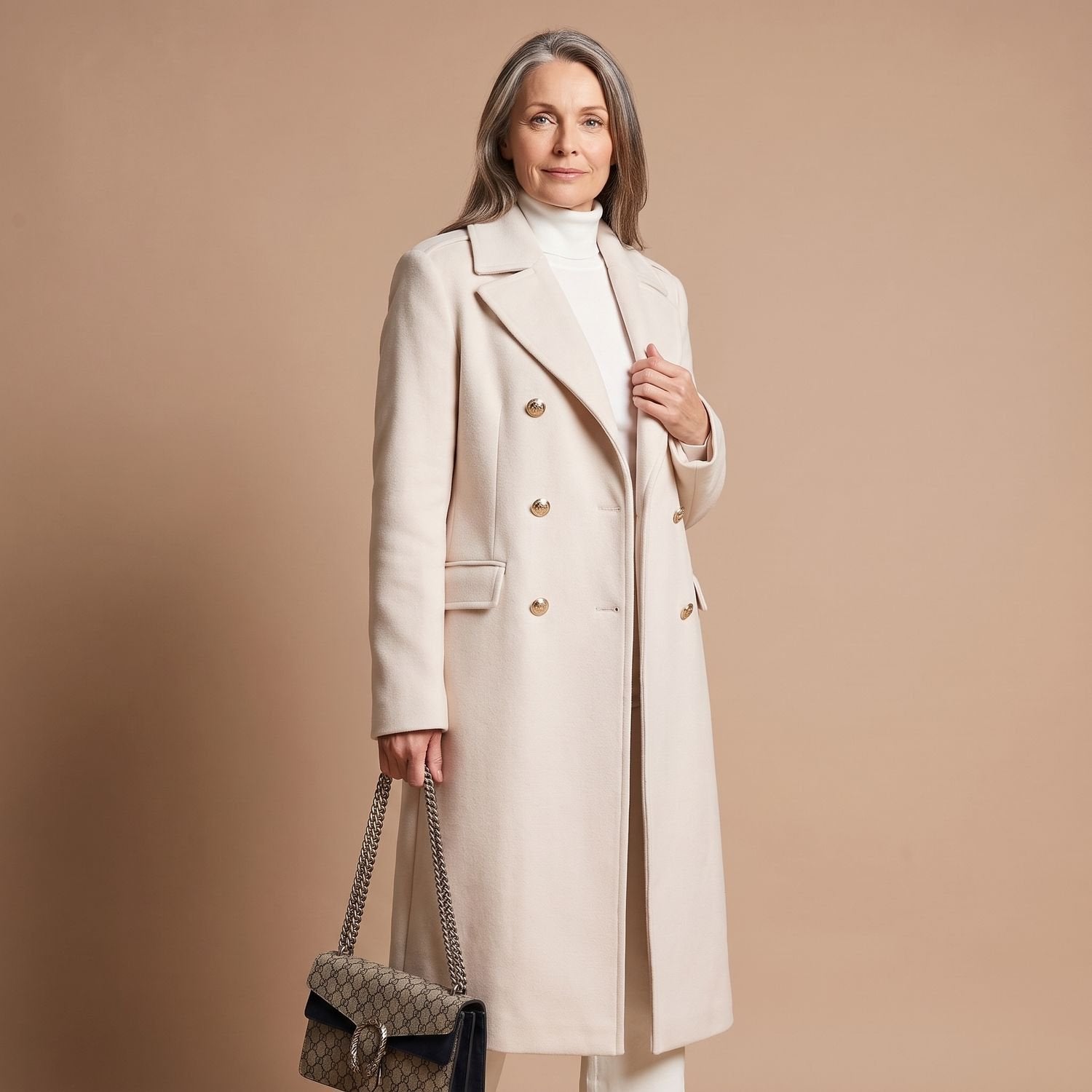 Elegant Camel Wool Coat for Women with Double Breasted Notched Lapel Long Sleeve Midi Pea Coat Style