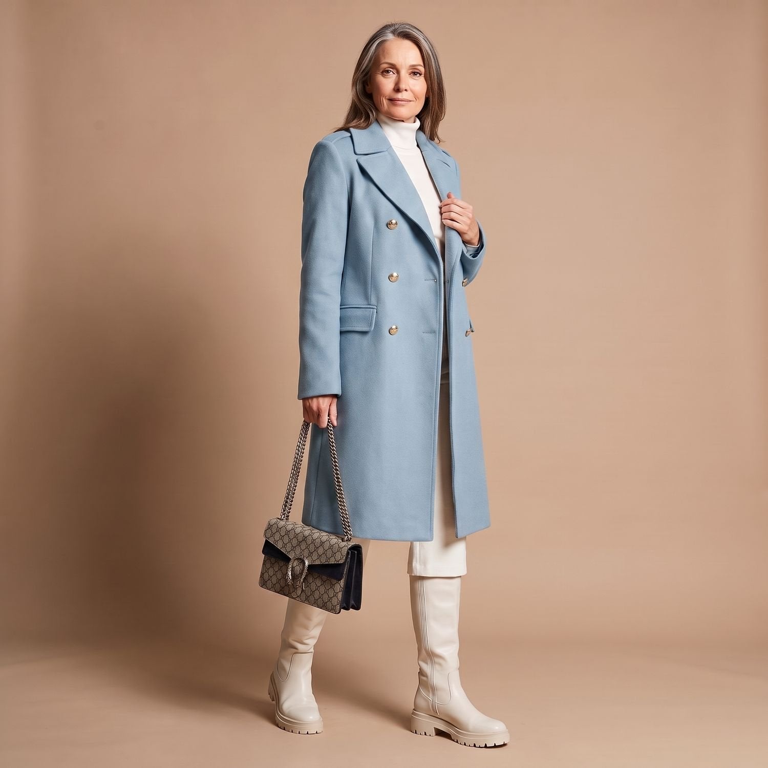 Elegant Camel Wool Coat for Women with Double Breasted Notched Lapel Long Sleeve Midi Pea Coat Style
