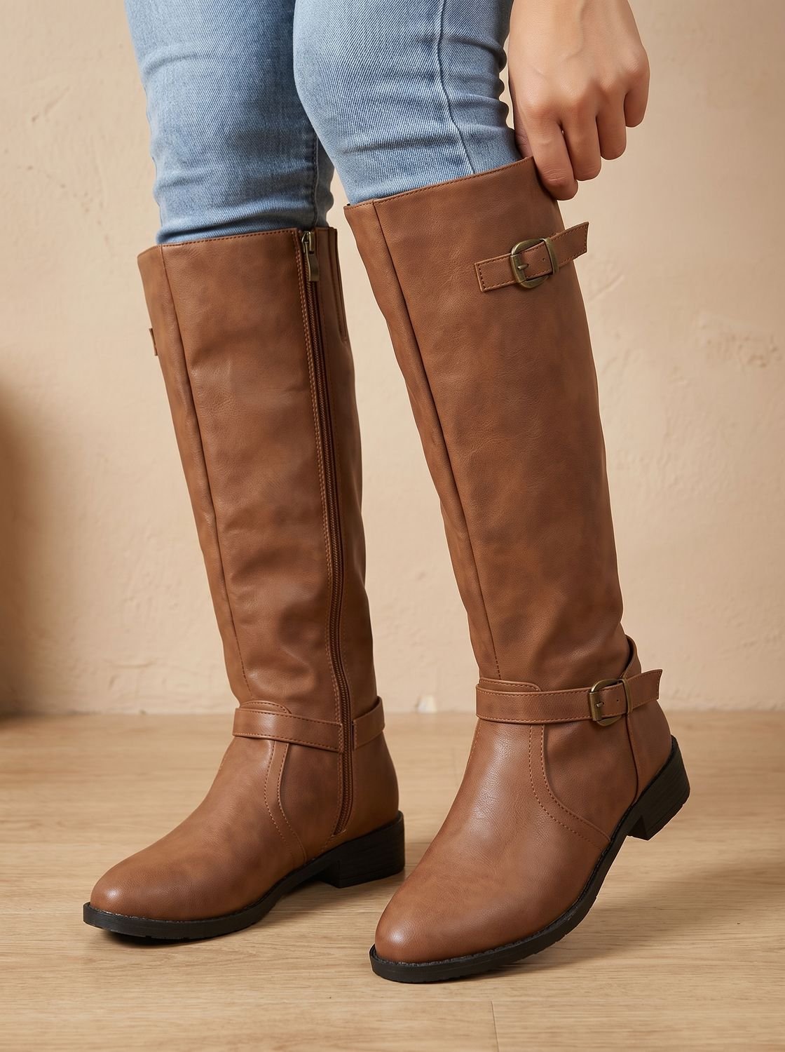 Chic Faux Leather Knee High Boots for Women with Double Buckle Side-Zip Block Heel Round-Toe Style