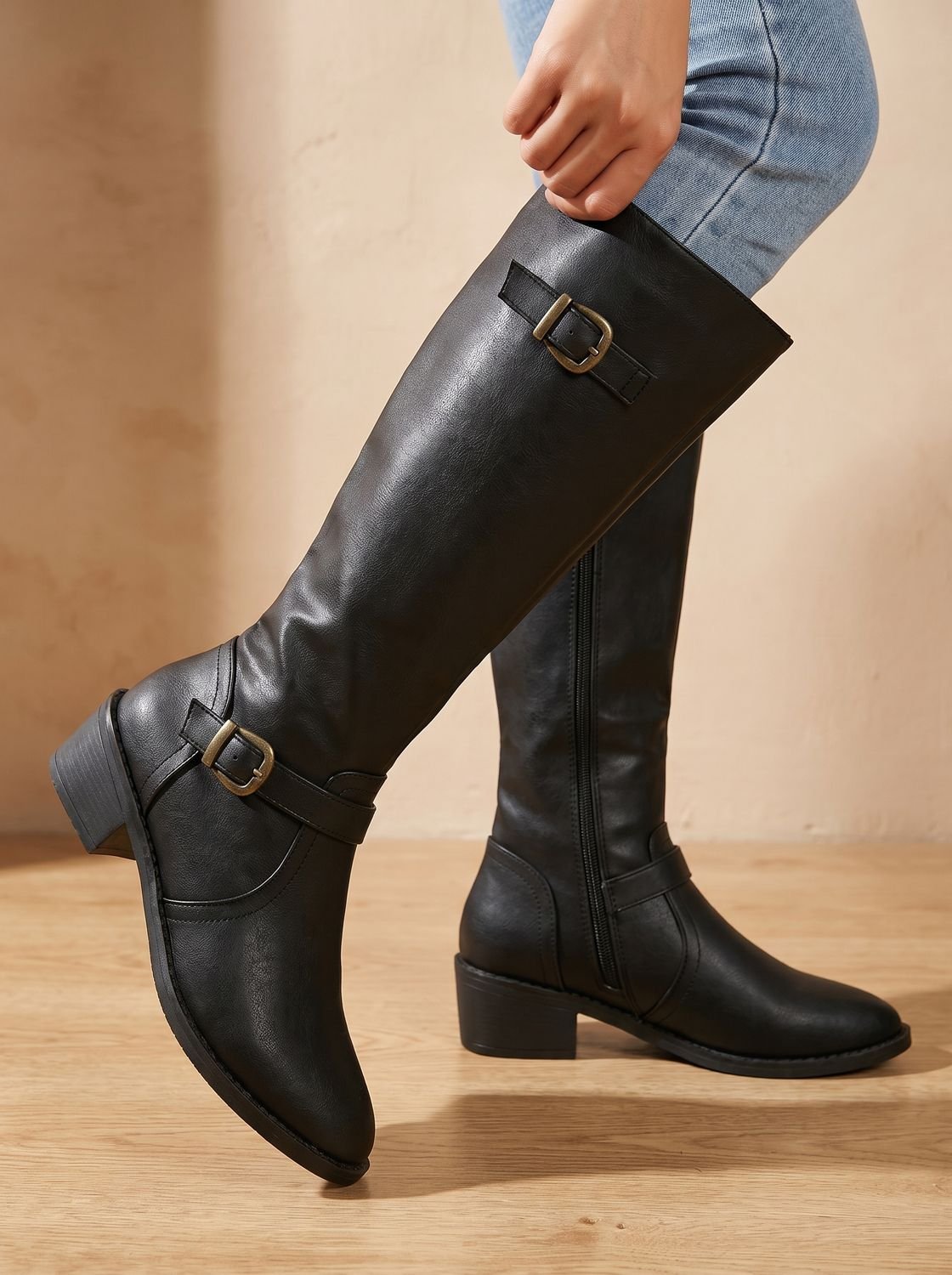 Chic Faux Leather Knee High Boots for Women with Double Buckle Side-Zip Block Heel Round-Toe Style