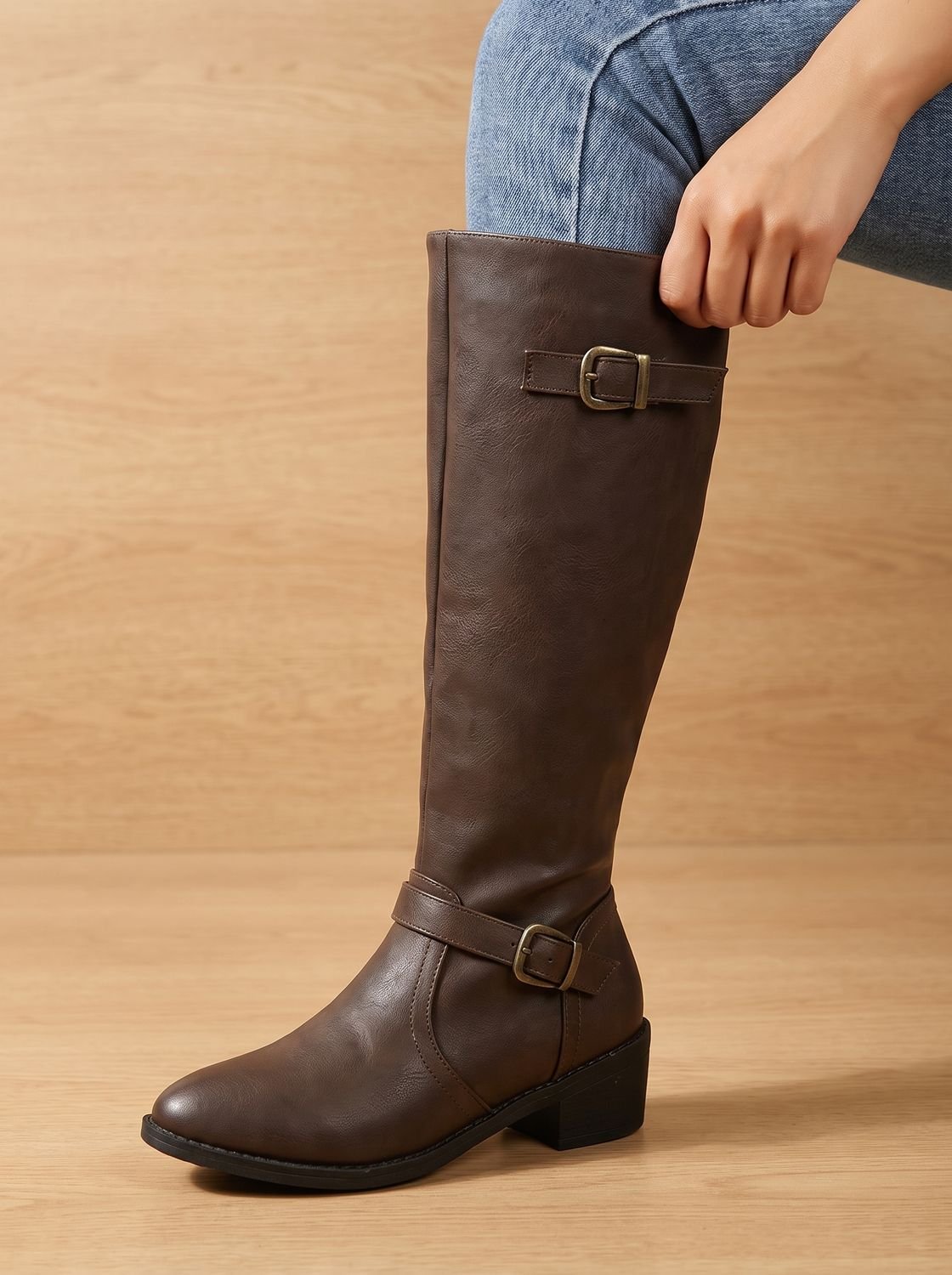 Chic Faux Leather Knee High Boots for Women with Double Buckle Side-Zip Block Heel Round-Toe Style
