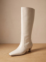 Chic Faux Leather Knee High Boots for Women with Square Toe Low Heel Pull-On Elegant Style