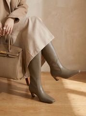 Chic Faux Leather Knee High Boots for Women with Square Toe Low Heel Pull-On Elegant Style