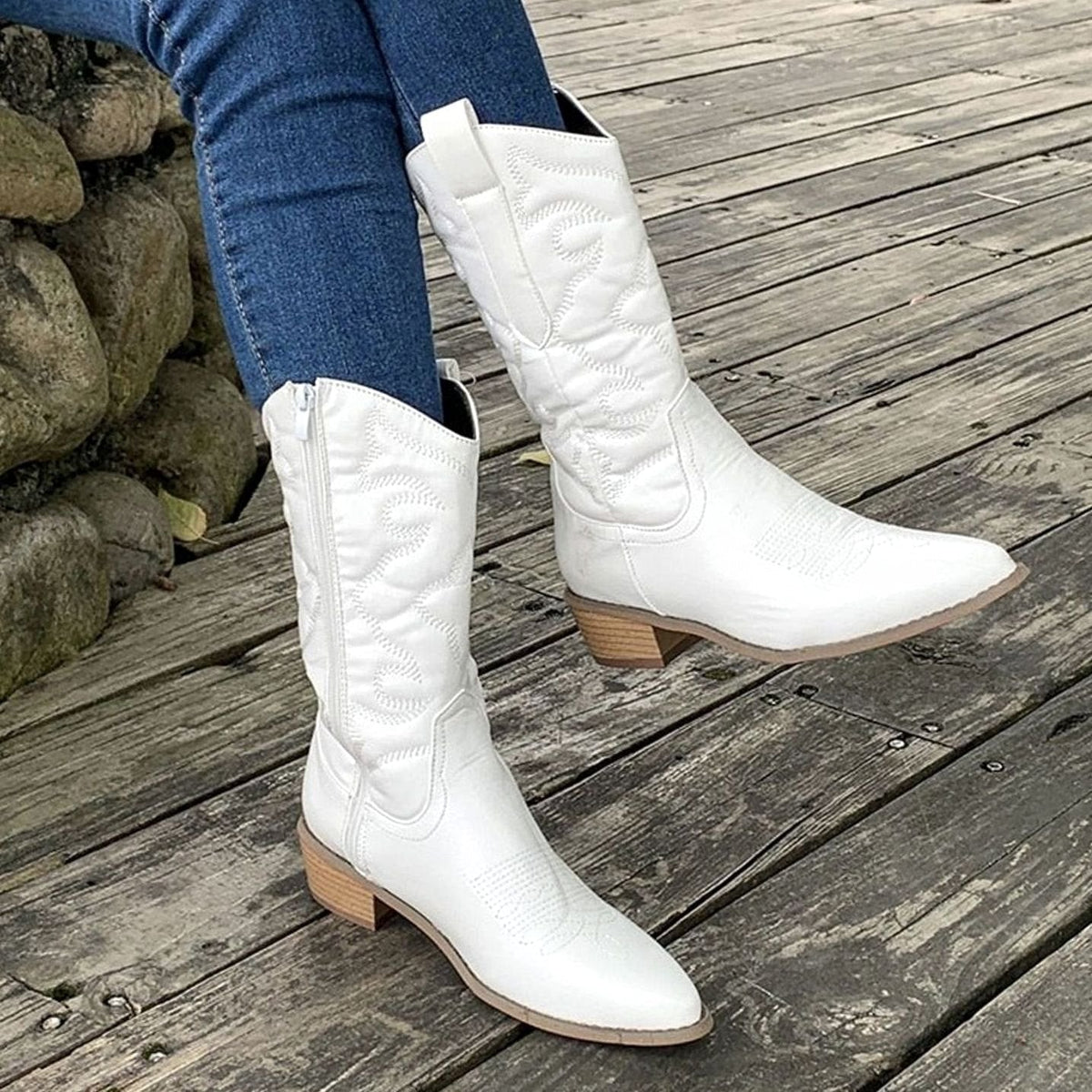 Stylish White Cowboy Boots for Women with Embroidered Mid Calf Pointed Toe Block Heel Western Style