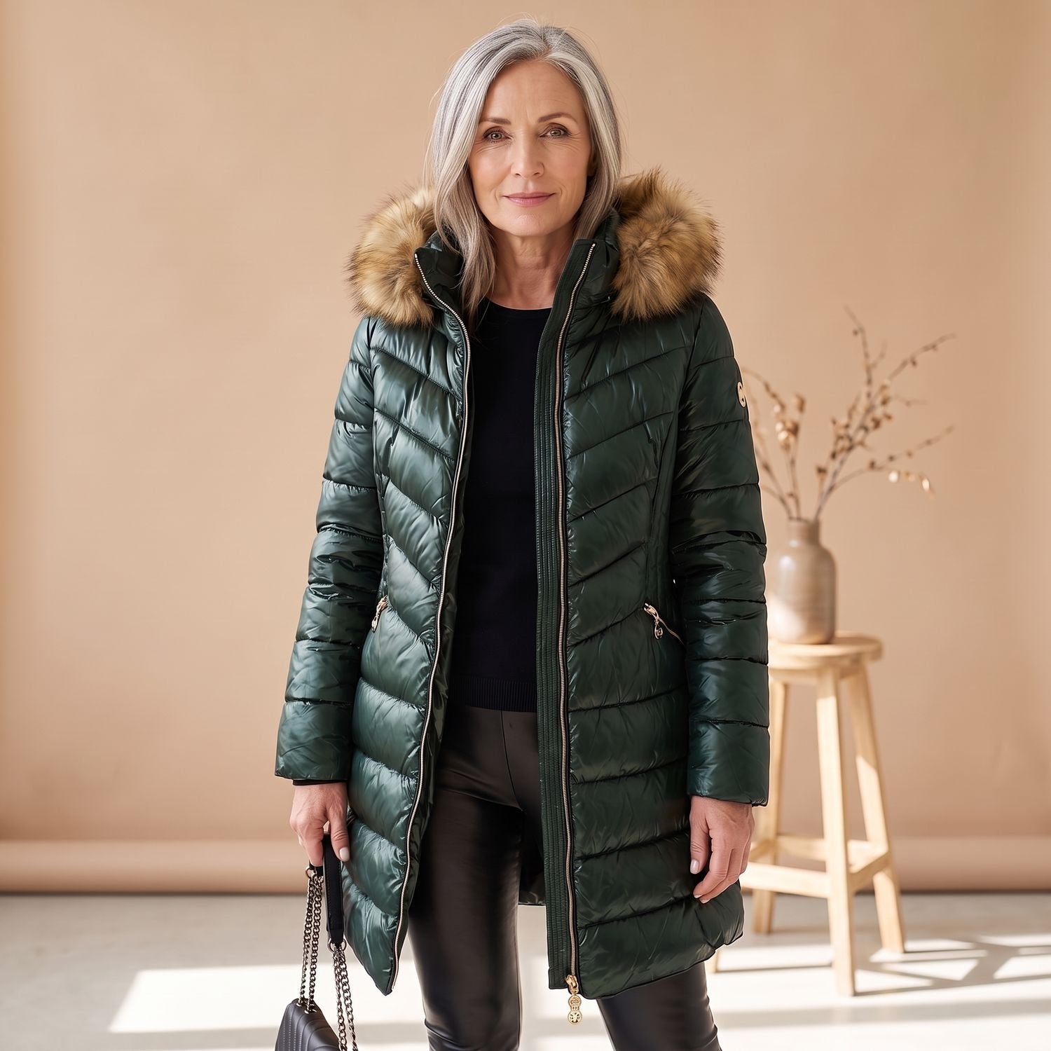 Cozy Green Puffer Coat for Women with Faux Fur Collar Quilted Long Sleeve Longline Winter Style