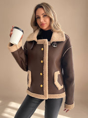 Cozy Faux Leather Shearling Jacket for Women with Collar Long Sleeve Button Front Sherpa-Trim Style