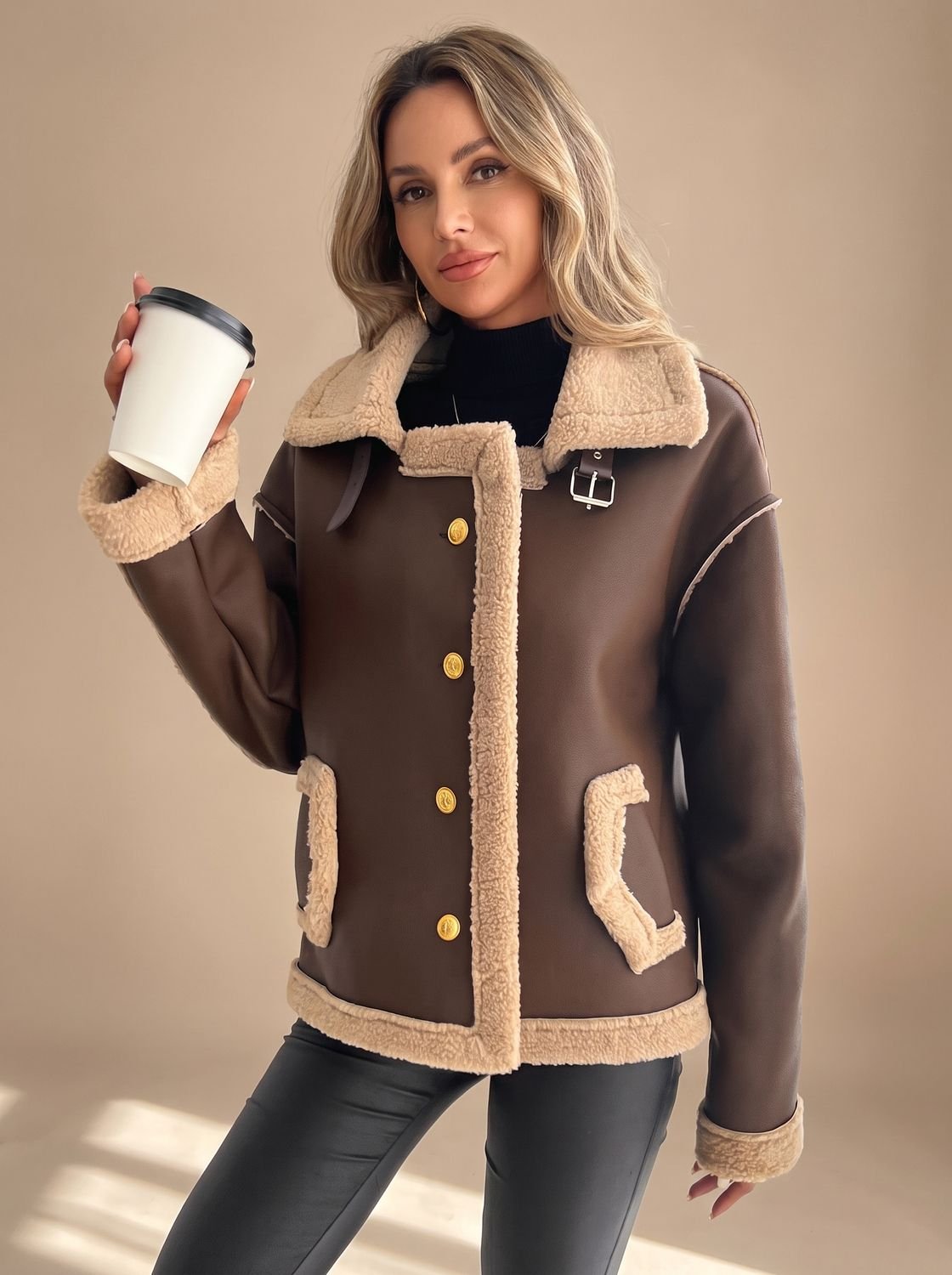Cozy Faux Leather Shearling Jacket for Women with Collar Long Sleeve Button Front Sherpa-Trim Style
