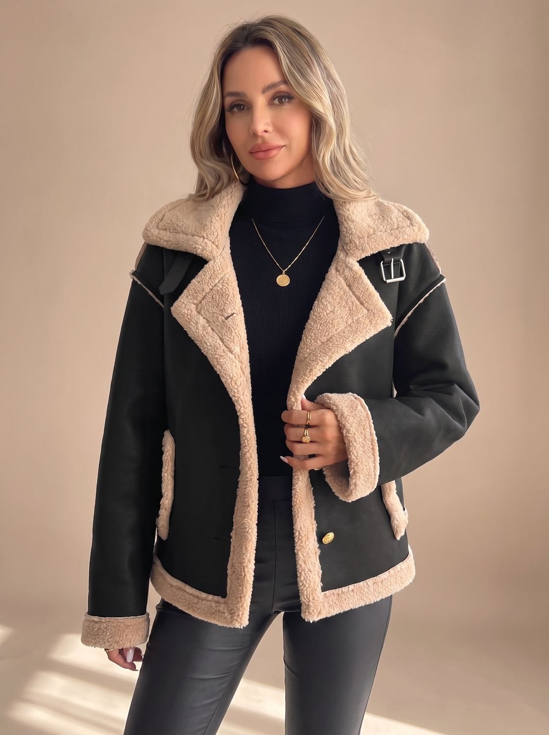 Cozy Faux Leather Shearling Jacket for Women with Collar Long Sleeve Button Front Sherpa-Trim Style