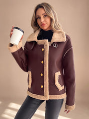 Cozy Faux Leather Shearling Jacket for Women with Collar Long Sleeve Button Front Sherpa-Trim Style