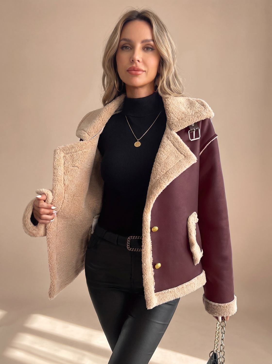 Cozy Faux Leather Shearling Jacket for Women with Collar Long Sleeve Button Front Sherpa-Trim Style