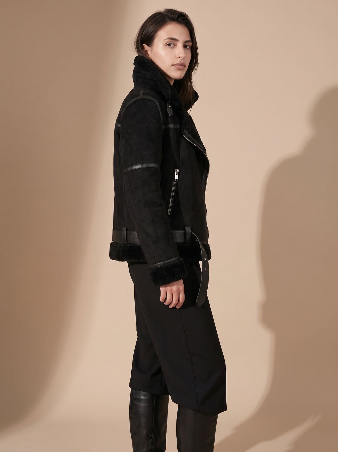 Cozy Faux Suede Shearling Aviator Jacket for Women with Notch Collar Long Sleeve Belted Asymmetric Zip Style