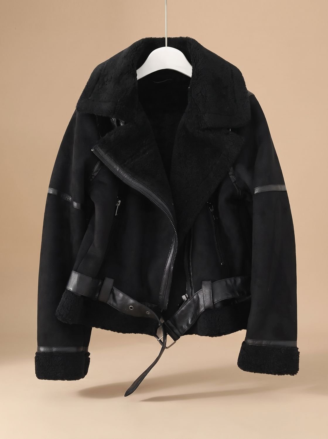 Cozy Faux Suede Shearling Aviator Jacket for Women with Notch Collar Long Sleeve Belted Asymmetric Zip Style