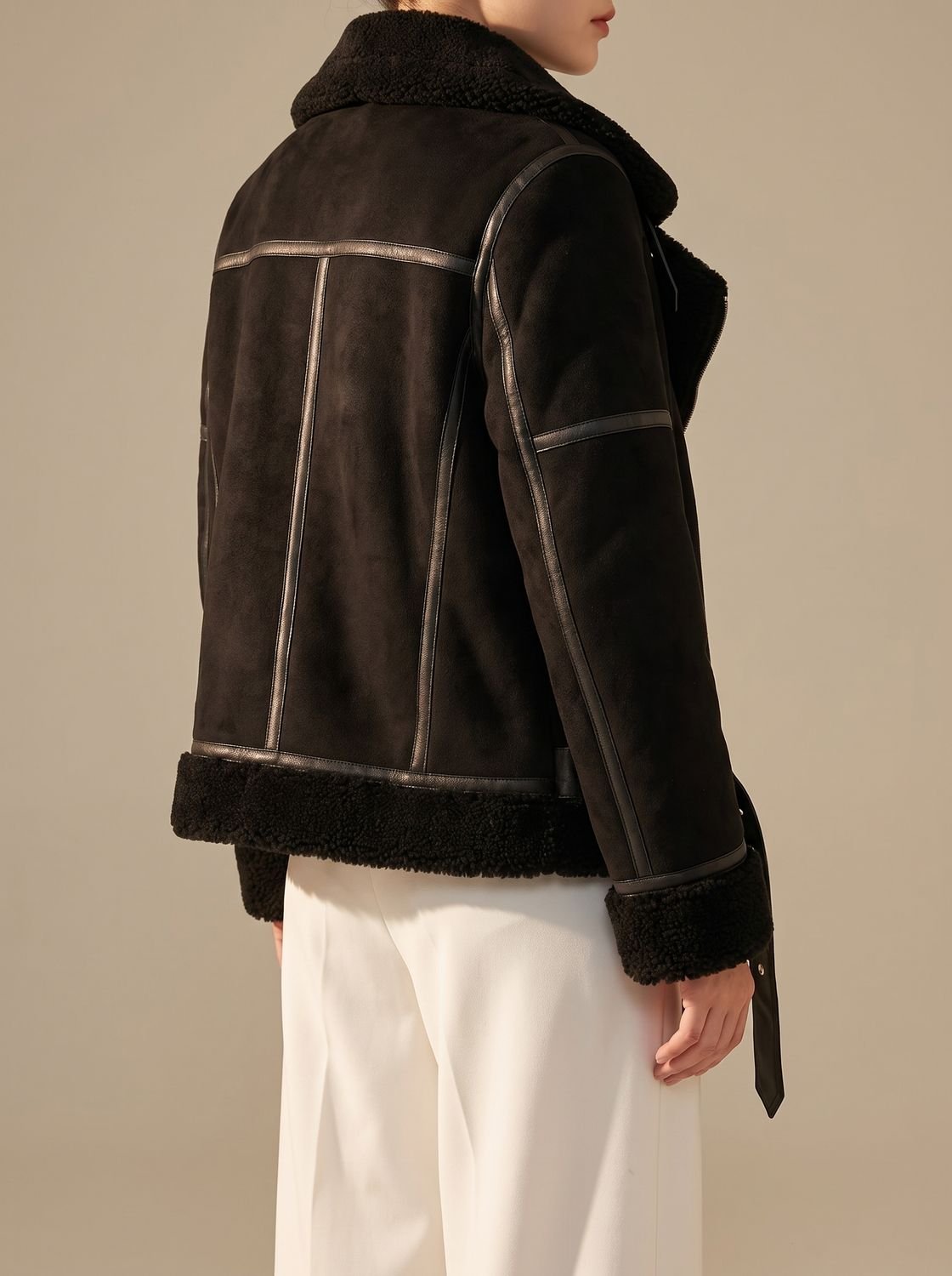 Cozy Faux Suede Shearling Aviator Jacket for Women with Notch Collar Long Sleeve Belted Asymmetric Zip Style