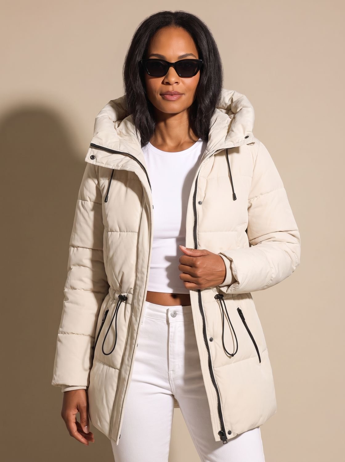 Cozy Fitted Puffer Jacket for Women with Faux Fur Hood Long Sleeve Quilted Zip Winter Style
