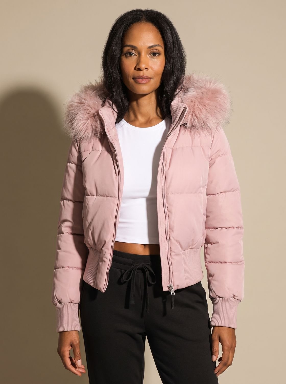 Cozy Fitted Puffer Jacket for Women with Faux Fur Hood Long Sleeve Quilted Zip Winter Style