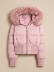 Cozy Fitted Puffer Jacket for Women with Faux Fur Hood Long Sleeve Quilted Zip Winter Style