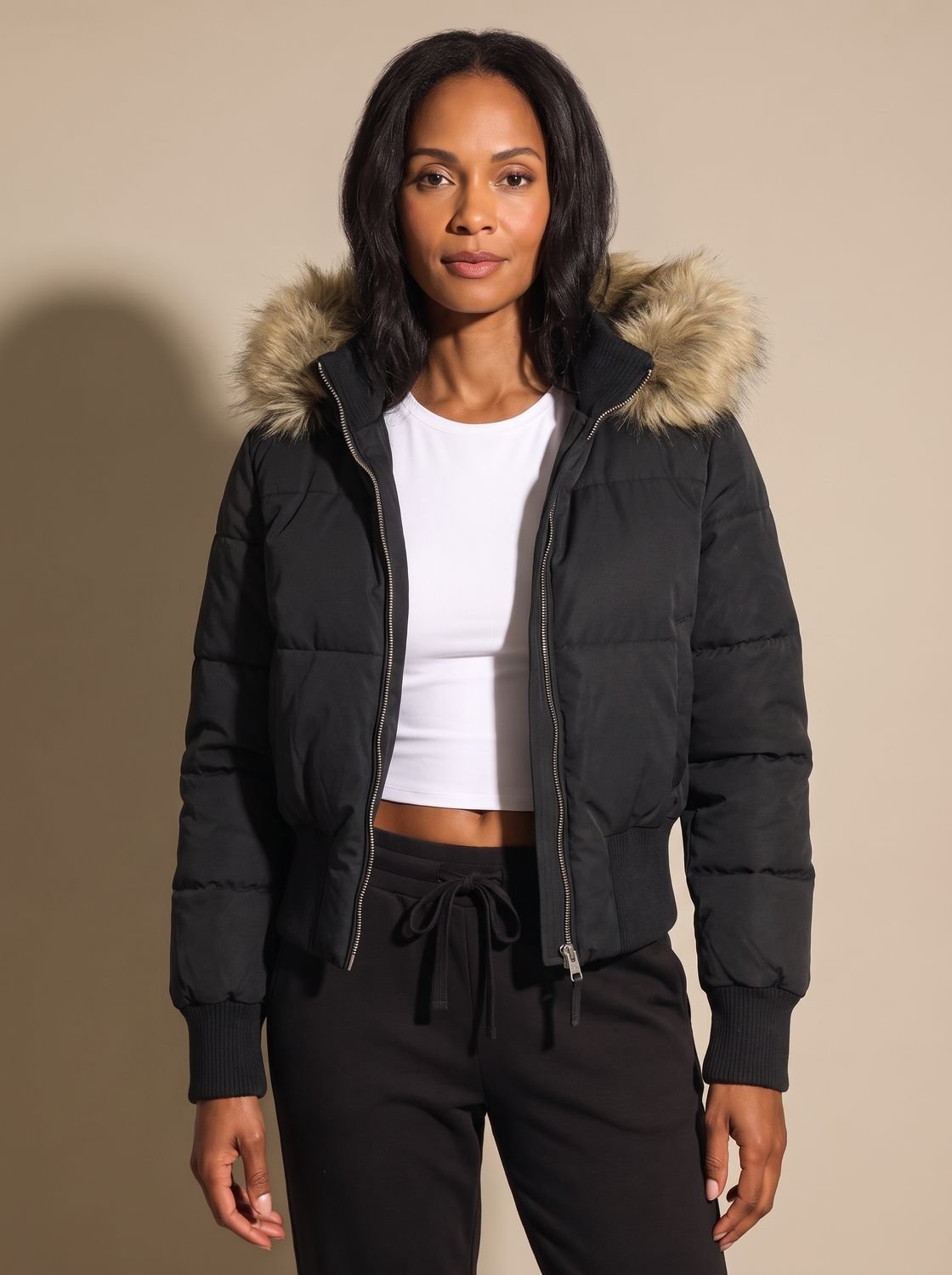 Cozy Fitted Puffer Jacket for Women with Faux Fur Hood Long Sleeve Quilted Zip Winter Style