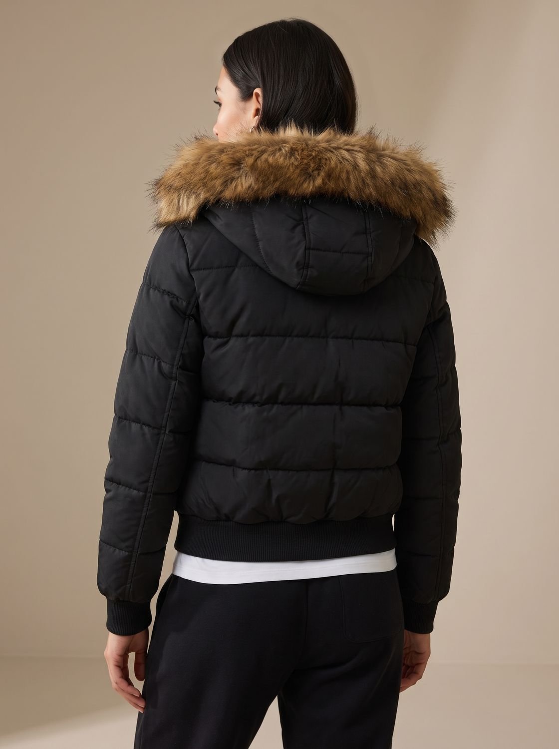 Cozy Fitted Puffer Jacket for Women with Faux Fur Hood Long Sleeve Quilted Zip Winter Style