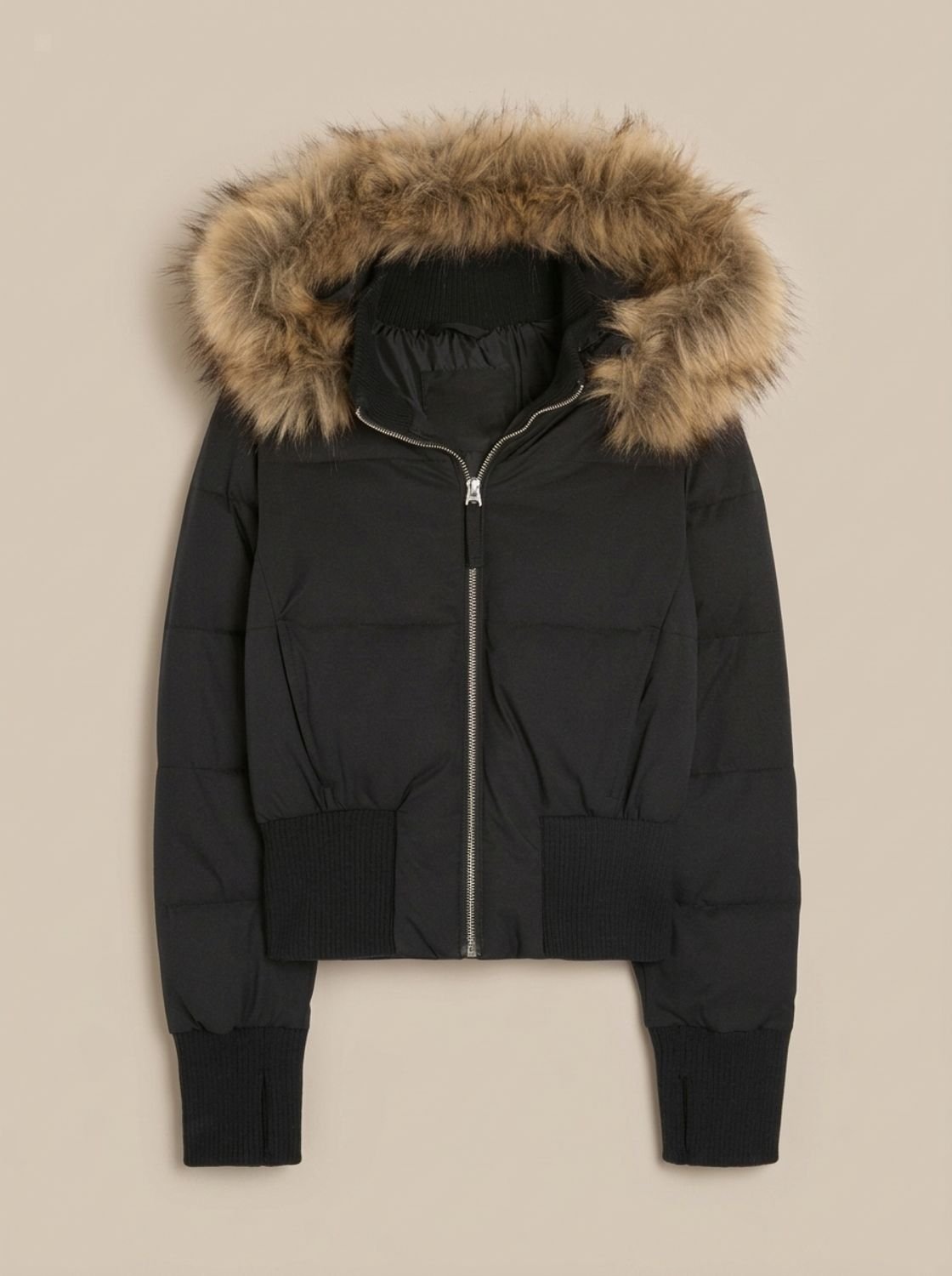Cozy Fitted Puffer Jacket for Women with Faux Fur Hood Long Sleeve Quilted Zip Winter Style